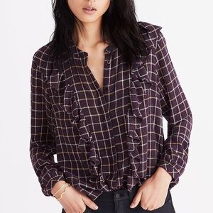 Madewell Plaid Long Sleeve Button Up Ruffle Top Womans Medium